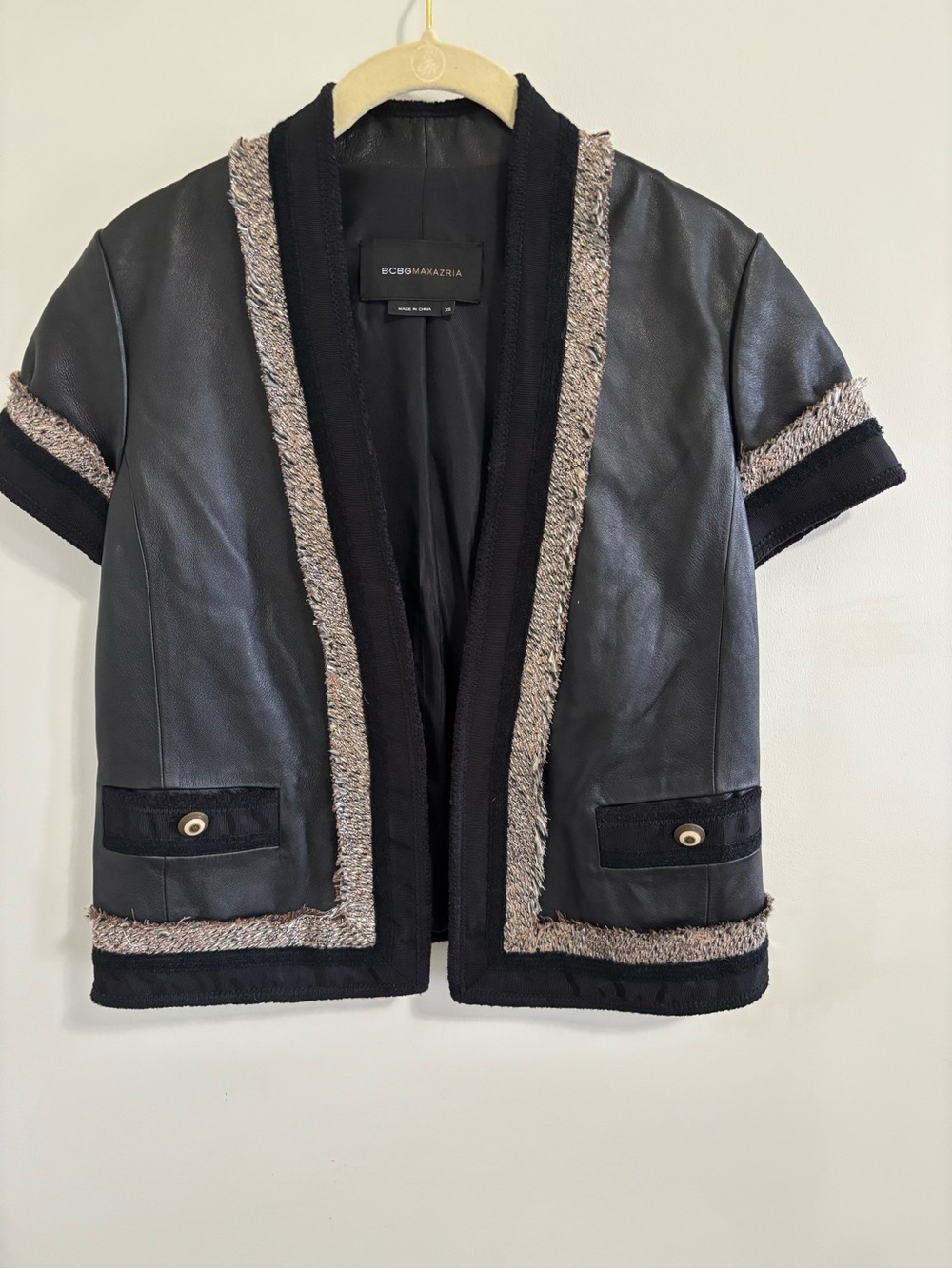 Ladies BCBGMaxAzria Black Leather Short-Sleeve Jacket with knitted sparkle Trim